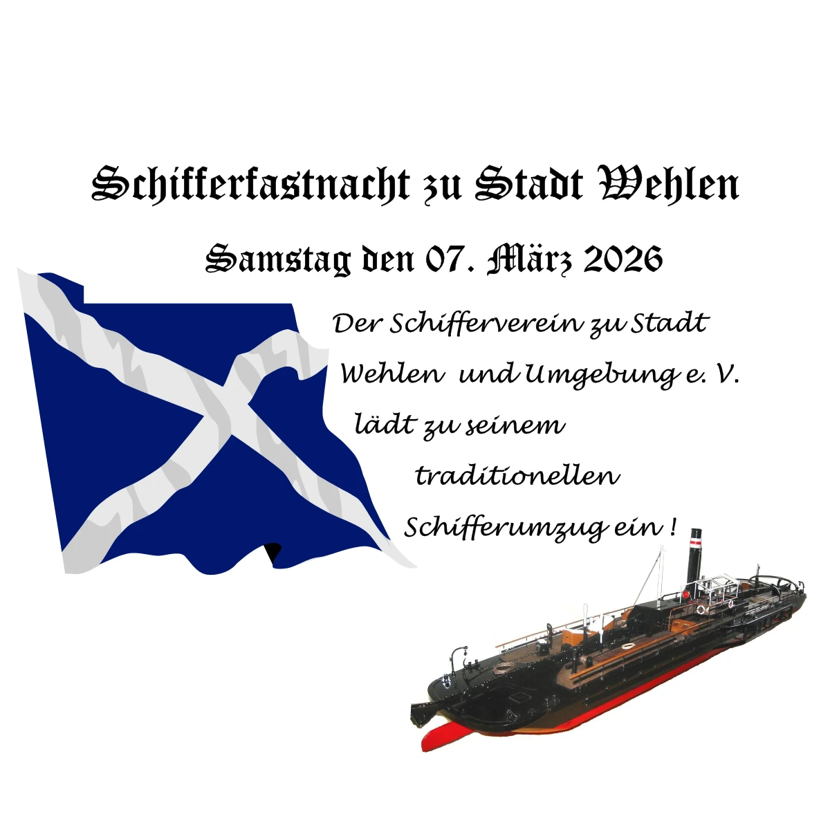 Plakat für die Schifferfastnacht 2026 in Stadt Wehlen – Veranstaltungshinweis mit schwarzem Text auf weißem Hintergrund mit einer Flagge und einem Schiffsmodell.