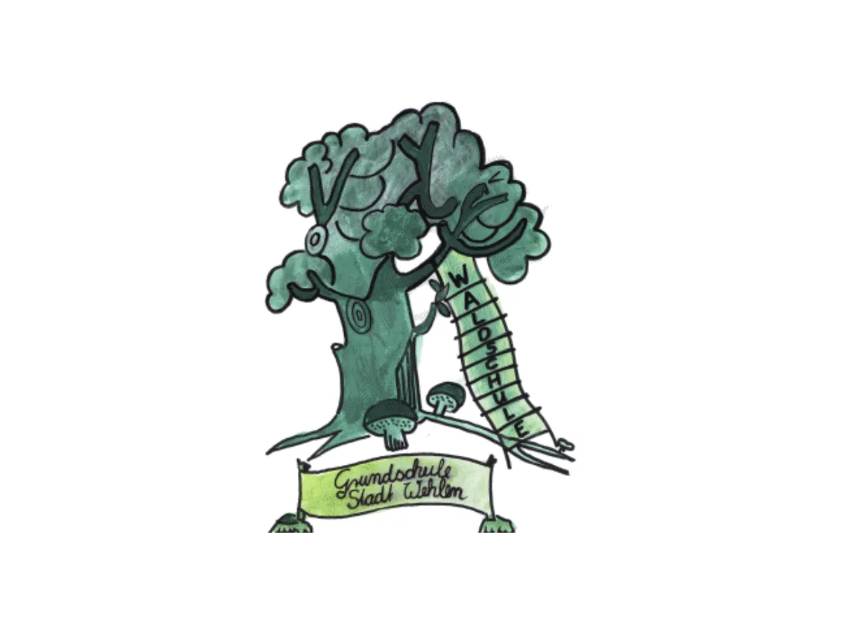 Das Logo des Fördervereins der Grundschule Stadt Wehlen zeigt einen gezeichneten grünen Baum, Spilze und ein Banner mit der Aufschrift "Waldschule".