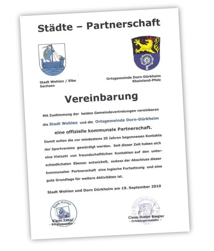 Das Dokument der Vereinbarung zwischen Wehlen und Dorn-Dürkheim mit Wappen, Stempeln und Unterschriften.