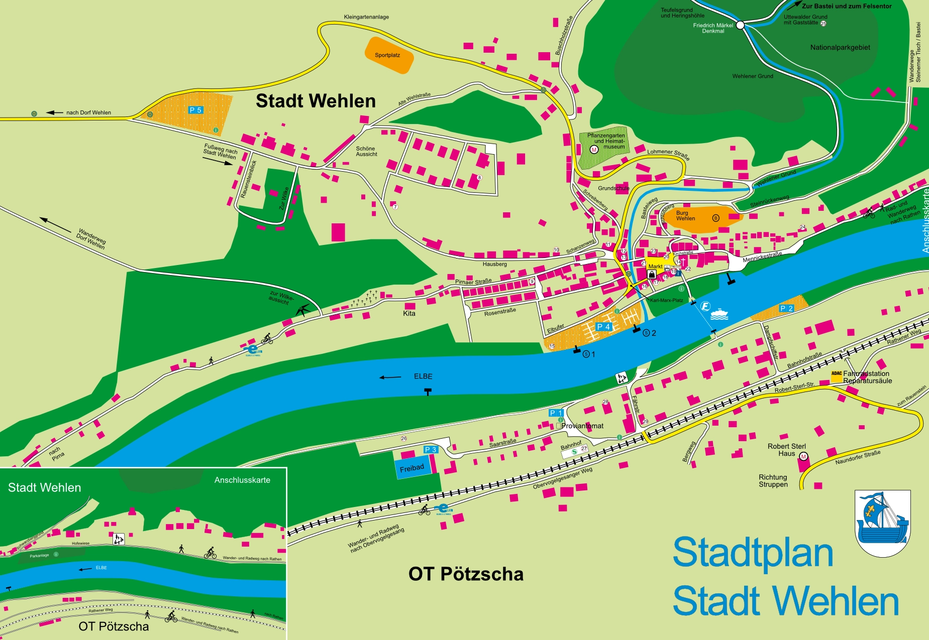 Stadtplan von Stadt Wehlen mit dem Ortsteil Pötzscha, Elbe, Straßen, Parkplätzen sowie markierten Sehenswürdigkeiten, Haltestellen und Freizeitzielen.